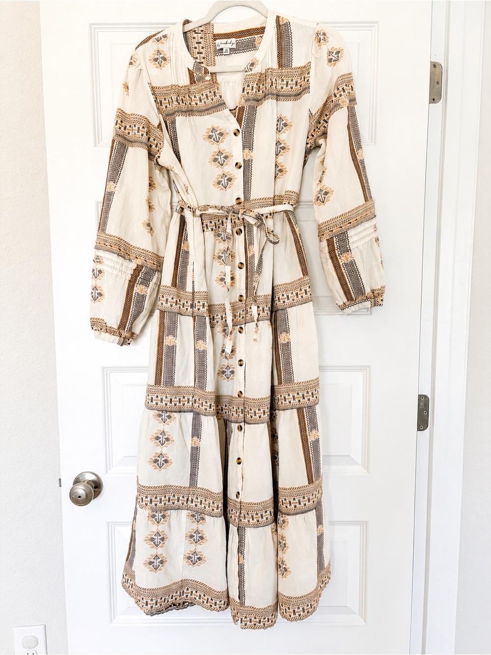 Wonderly Women's Bohemian Cream Maxi Dress with Brown Geometric Pattern